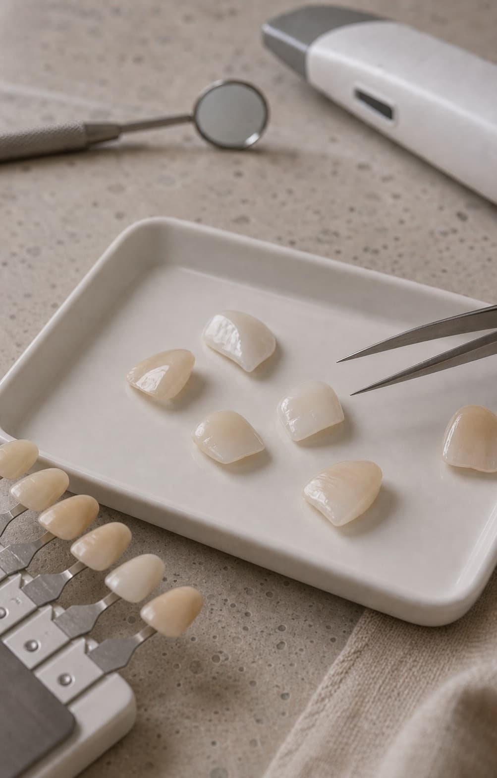 Finished porcelain veneers on a ceramic tray beside a shade guide, ready for a custom shade match