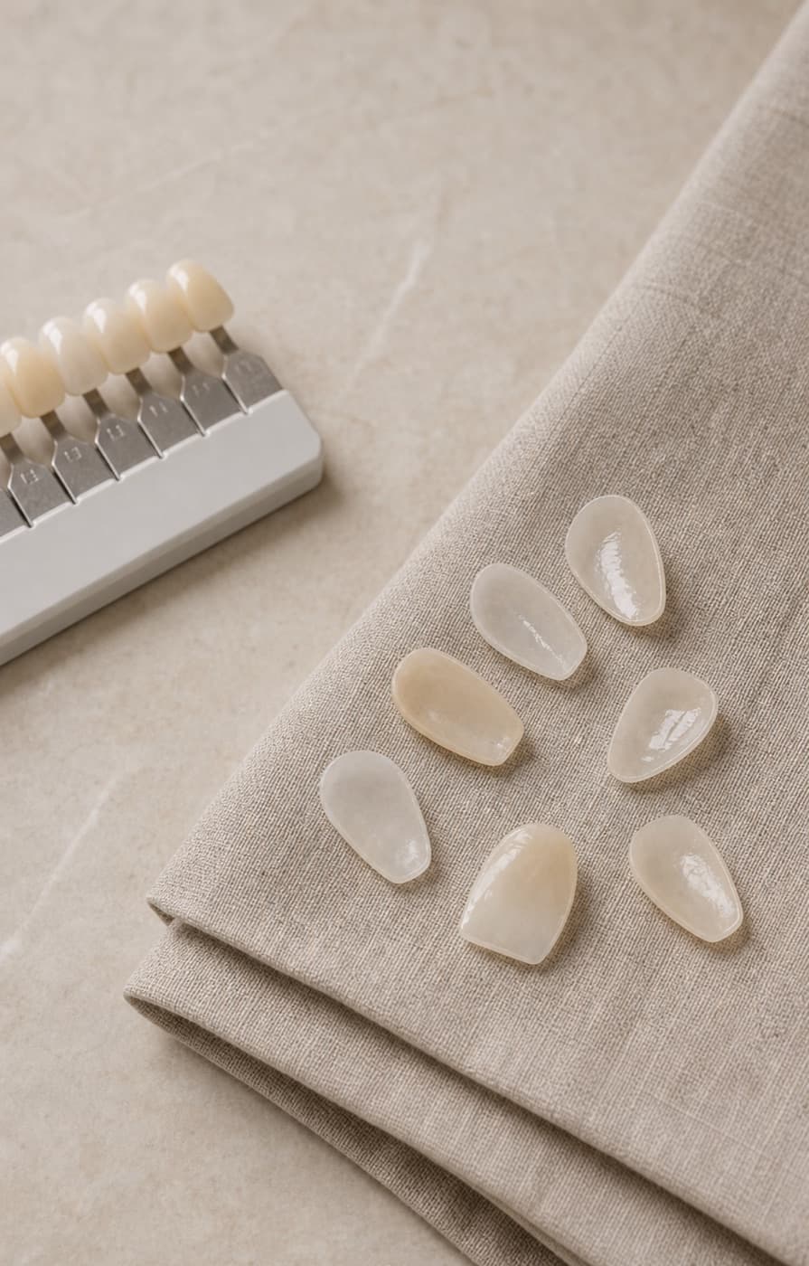 Thin porcelain veneers fanned across warm linen beside a shade guide