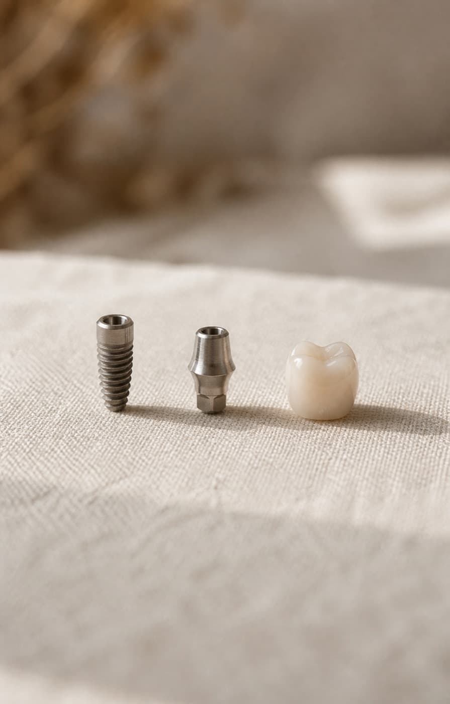 The parts of a dental implant, the post, abutment, and ceramic crown, arranged on linen