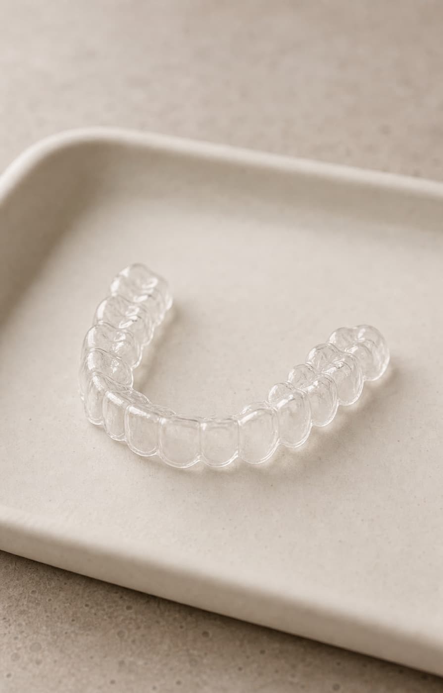 A clear Invisalign aligner resting on a warm ceramic tray