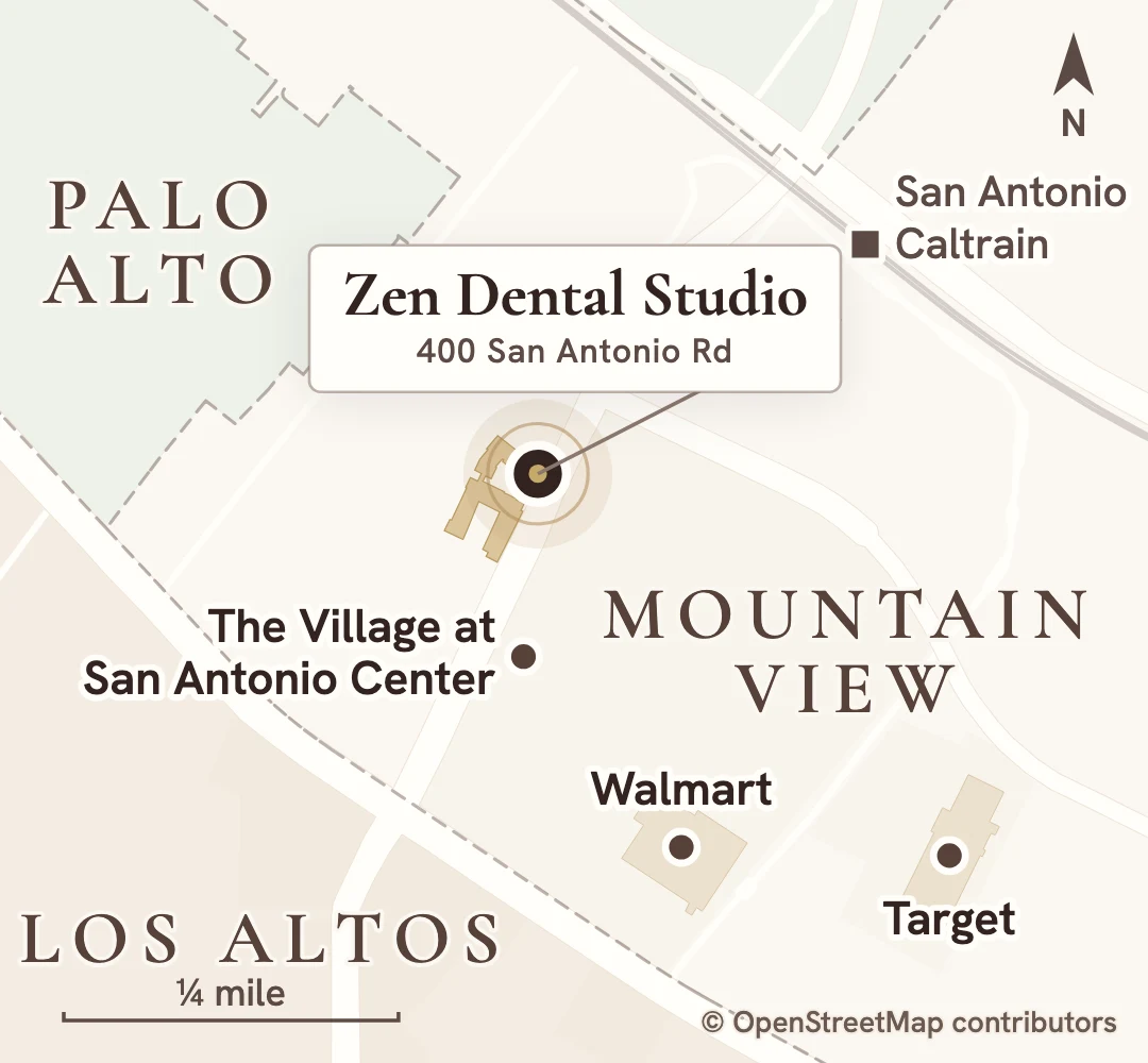 Map of Zen Dental Studio at 400 San Antonio Rd in Mountain View, where Mountain View meets Palo Alto and Los Altos, near The Village at San Antonio Center, Walmart, Target and San Antonio Caltrain.